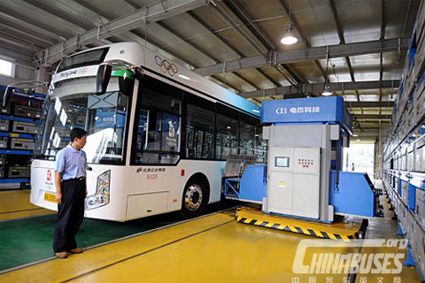 The electric bus is driving out of the power station